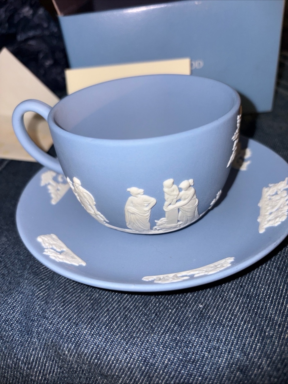 Wedgwood Blue Jasperware Teacup and Saucer with White Relief